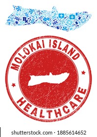Vector collage Molokai Island map with medical icons, medicine symbols, and grunge healthcare rubber imitation. Red round stamp with distress rubber texture and Molokai Island map word and map.