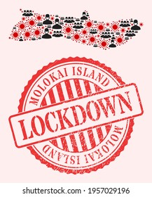 Vector collage Molokai Island map of SARS virus, masked people and red grunge lockdown seal. Virus elements and people in masks inside Molokai Island map.
