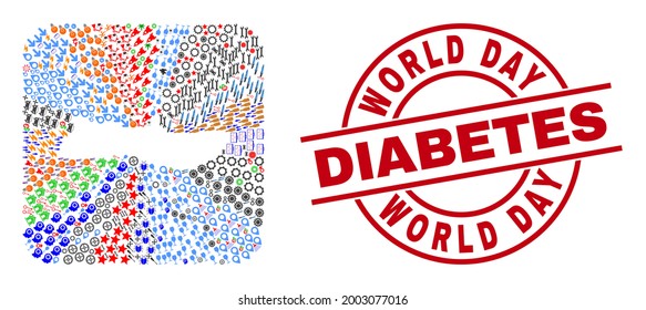 Vector collage Molokai Island map of different symbols and World Day Diabetes stamp. Collage Molokai Island map designed as carved shape from rounded square shape.