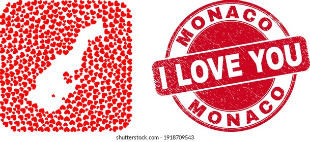 Vector collage Monaco map of lovely heart elements and grunge love seal stamp. Collage geographic Monaco map created as carved shape from rounded square shape using love hearts.