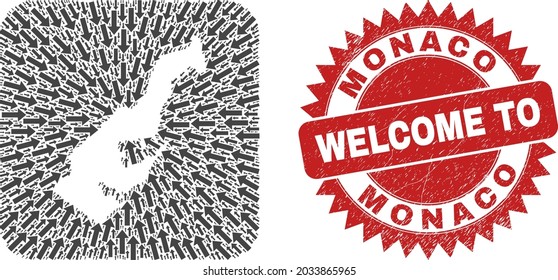 Vector collage Monaco map of navigation arrows and grunge Welcome seal stamp. Mosaic geographic Monaco map constructed as carved shape from rounded square with straight arrows.