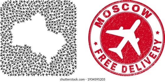 Vector collage Moscow Region map of air plane items and grunge Free Delivery stamp. Mosaic geographic Moscow Region map designed as carved shape from rounded square shape with air planes flying out.