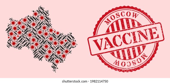 Collage vectorial de Moscú mapa del virus de la corona, iconos de la vacuna y sello de la vacuna de grunge rojo. Células de virus y partículas de inyección dentro del mapa de la región de Moscú.