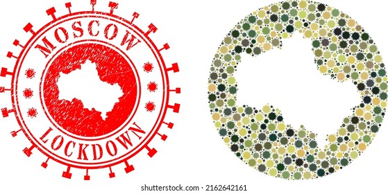 Vector collage Moscow Region map of sars virus icons and grunge LOCKDOWN seal stamp.
