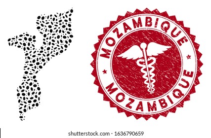 Vector collage Mozambique map and red round grunge stamp seal with caduceus icon. Mozambique map collage designed with oval elements. Red round serpents seal stamp, with scratched texture.