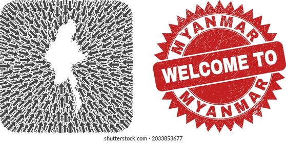 Vector collage Myanmar map of direction arrows and grunge Welcome stamp. Collage geographic Myanmar map created as carved shape from rounded square shape with movement arrows.