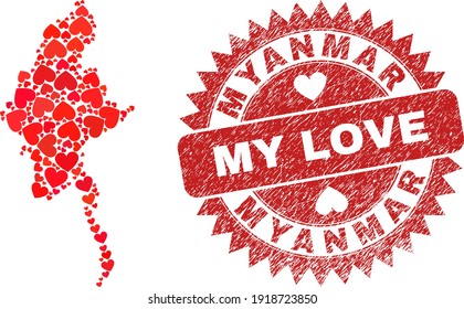 Vector collage Myanmar map of love heart items and grunge My Love seal. Collage geographic Myanmar map designed with lovely hearts. Red rosette seal with grunge rubber texture and my love word.