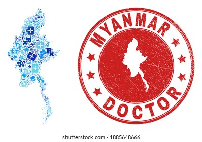 Vector collage Myanmar map with medical icons, hospital symbols, and grunge doctor seal. Red round stamp with grunge rubber texture and Myanmar map text and map.