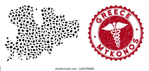 Vector collage Mykonos Island map and red round distressed stamp watermark with medical icon. Mykonos Island map collage designed with oval spots. Red round caduceus watermark, with distress texture.