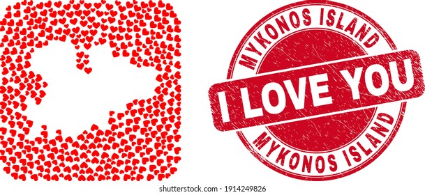Vector collage Mykonos Island map of lovely heart items and grunge love seal. Collage geographic Mykonos Island map constructed as subtraction from rounded square shape with lovely hearts.