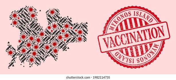 Vector collage Mykonos Island map of corona virus, vaccination icons, and red grunge vaccine seal stamp. Virus items and inoculation items inside Mykonos Island map.