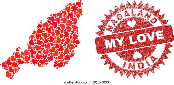Collage vectorial del mapa del estado de Nagaland de los elementos del corazón de amor y grunge la insignia My Love. Mapa geográfico mosaico del estado de Nagaland creado con corazones valentinos.