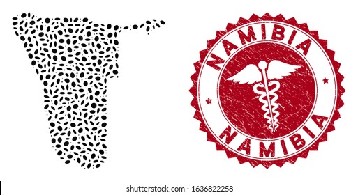 Vector collage Namibia map and red round corroded stamp watermark with caduceus icon. Namibia map collage formed with elliptic items. Red rounded healthcare seal stamp, with unclean texture.