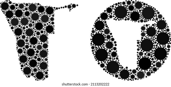 Vector collage Namibia map of virus items. Mosaic geographic Namibia map created as carved shape from round shape with virus items in black color hues. Illustration for lockdown purposes.