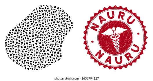 Vector collage Nauru map and red round corroded stamp watermark with healthcare icon. Nauru map collage created with ellipse items. Red round medicine seal stamp, with grunge texture.