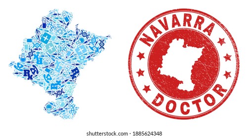 Vector collage Navarra Province map with syringe icons, medicine symbols, and grunge health care watermark. Red round watermark with scratched rubber texture and Navarra Province map text and map.