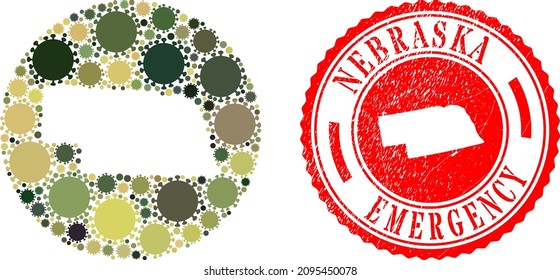 Vector collage Nebraska State map of virus outbreak items and grunge EMERGENCY seal stamp.