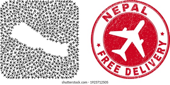 Vector collage Nepal map of airliner items and grunge Free Delivery seal stamp. Mosaic geographic Nepal map constructed as subtraction from rounded square shape with moving out air force plane symbols.