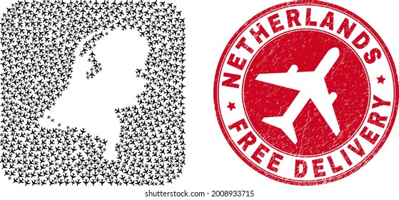 Vector collage Netherlands map of aviation items and grunge Free Delivery seal stamp. Collage geographic Netherlands map created as subtraction from rounded square shape with moving out aircraft.