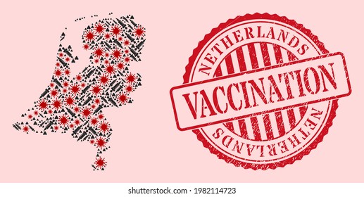 Vector collage Netherlands map of flu virus, inoculation icons, and red grunge vaccine stamp. Virus items and treatment items inside Netherlands map.