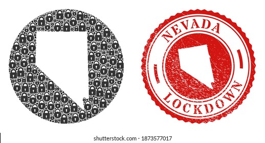 Vector collage Nevada State map of locks and grunge LOCKDOWN seal stamp. Mosaic geographic Nevada State map designed as carved shape from round shape with black locks.