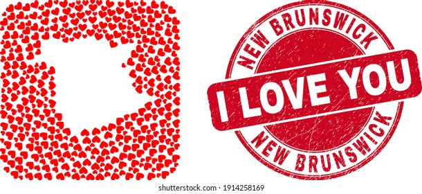 Collage vectorial de la provincia de New Brunswick de adorables ítems cardíacos y estampado de amor grunge. Mapa de la provincia de Nueva Brunswick geográfico collage creado como un hoyo de cuadrado redondeado con corazones de amor.