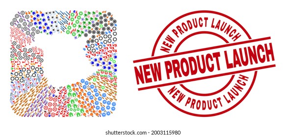 Vector collage New Brunswick Province map of different pictograms and New Product Launch seal stamp. Collage New Brunswick Province map created as carved shape from rounded square shape.