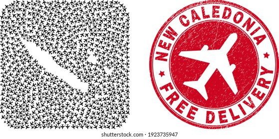 Vector collage New Caledonia Islands map of air force items and grunge Free Delivery seal.