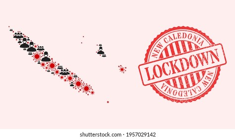 Vector collage New Caledonia Islands map of SARS virus, masked men and red grunge lockdown seal. Virus elements and people in masks inside New Caledonia Islands map.