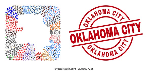 Collage de vectores mapa de la ciudad de Nueva Delhi de diferentes pictogramas y sello de la ciudad de Oklahoma. Mapa de Nueva Delhi Collage diseñado como un lápiz de forma cuadrada redondeada. Sello rojo redondo con la leyenda de Oklahoma City.