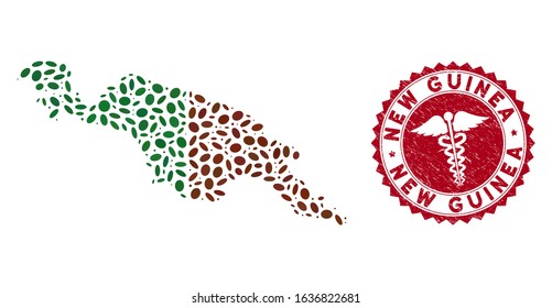Vector collage New Guinea countries map and red round grunge stamp seal with medic symbol. New Guinea countries map collage formed with elliptic spots. Red round health care seal stamp,