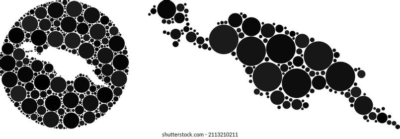 Vector collage New Guinea map of round parts. Mosaic geographic New Guinea map is created as hole from round shape with round parts in black colors. Dot vector mosaic New Guinea map.
