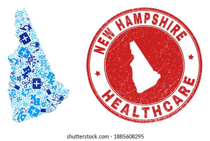 Vector collage New Hampshire State map with treatment icons, test symbols, and grunge doctor stamp. Red round imprint with unclean rubber texture and New Hampshire State map text and map.