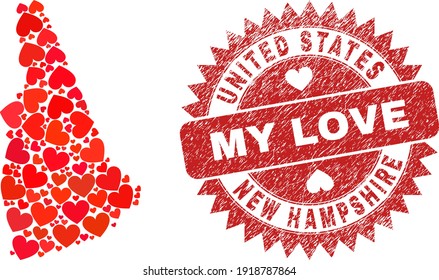 Collage vectorial New Hampshire State map de elementos valentinos del corazón y estampado de sello de sello My Love. Mapa geográfico collage del estado de New Hampshire diseñado con corazones de amor.