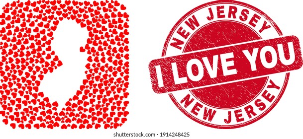 Vector collage New Jersey State map of love heart items and grunge love badge. Collage geographic New Jersey State map designed as hole from rounded square shape with love hearts.