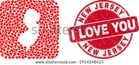 Vector collage New Jersey State map of love heart items and grunge love badge. Collage geographic New Jersey State map designed as hole from rounded square shape with love hearts.