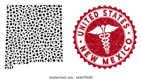 Vector collage New Mexico State map and red round rubber stamp seal with medicine sign. New Mexico State map collage designed with elliptic spots. Red rounded medic seal stamp, with unclean texture.