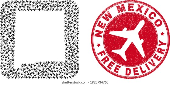 Vector collage New Mexico State map of jet vehicle items and grunge Free Delivery seal stamp.