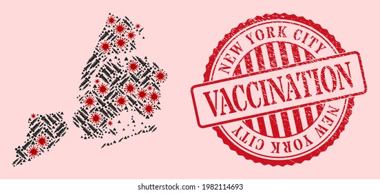 Vector collage New York City map of SARS virus, vaccination icons, and red grunge vaccination seal. Virus items and syringe items inside New York City map.