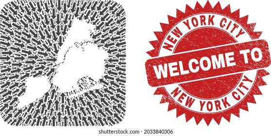 Vector collage New York City map of straight arrows and rubber Welcome badge. Mosaic geographic New York City map created as hole from rounded square shape with straight arrows.