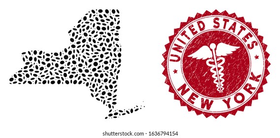 Vector collage New York State map and red rounded grunge stamp watermark with medical sign. New York State map collage formed with elliptic items. Red rounded medical watermark, with grunge texture.