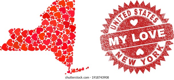 Collage vectorial del mapa del estado de Nueva York de los elementos del corazón del amor y grunge la insignia de mi amor. Mapa geográfico collage del estado de Nueva York creado con encantadores corazones.