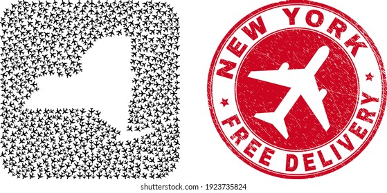 Vector collage New York State map of air force items and grunge Free Delivery stamp. Collage geographic New York State map constructed as stencil from rounded square with air shipping transport planes.