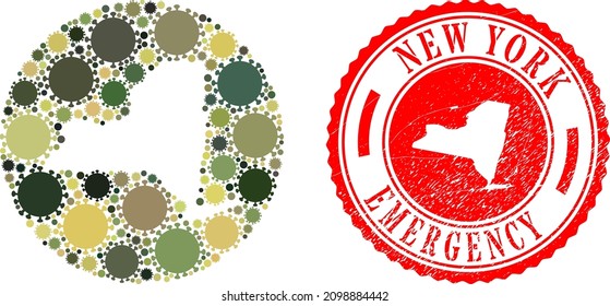 Vector collage New York State map of virus items and grunge EMERGENCY seal.