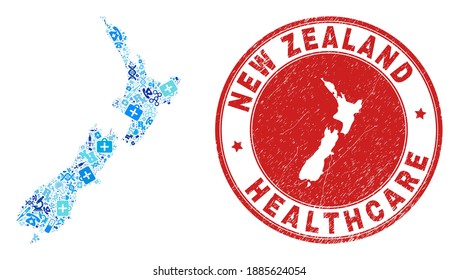Vector collage New Zealand map with treatment icons, laboratory symbols, and grunge doctor seal. Red round seal with distress rubber texture and New Zealand map tag and map.
