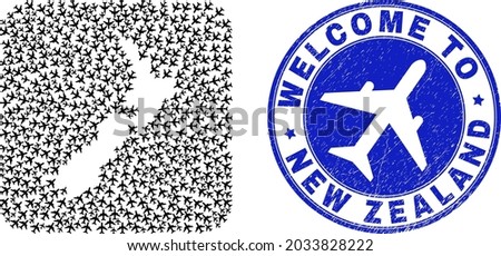 Vector collage New Zealand map of trip elements and grunge Welcome seal stamp. Collage geographic New Zealand map designed as subtraction from rounded square shape with air vehicles.