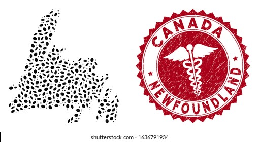 Vector collage Newfoundland Island map and red rounded grunge stamp watermark with doctor sign. Newfoundland Island map collage created with elliptic elements. Red rounded medicine watermark,