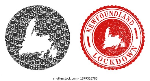Vector collage Newfoundland Island map of locks and grunge LOCKDOWN seal stamp. Mosaic geographic Newfoundland Island map designed as stencil from round shape with black locks.