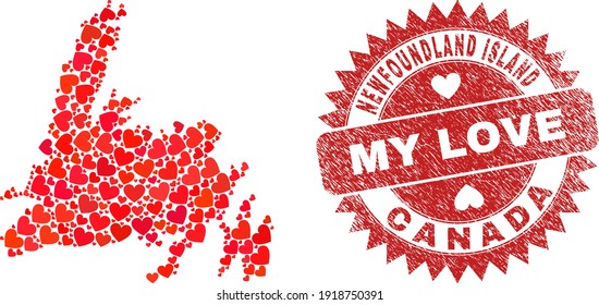 Vector collage Newfoundland Island map of love heart items and grunge My Love seal stamp. Collage geographic Newfoundland Island map created with valentine hearts.