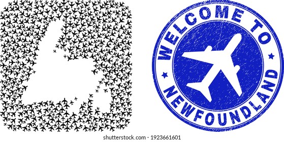 Vector collage Newfoundland Island map of air plane elements and grunge Welcome badge. Collage geographic Newfoundland Island map designed as subtraction from rounded square using air transport.